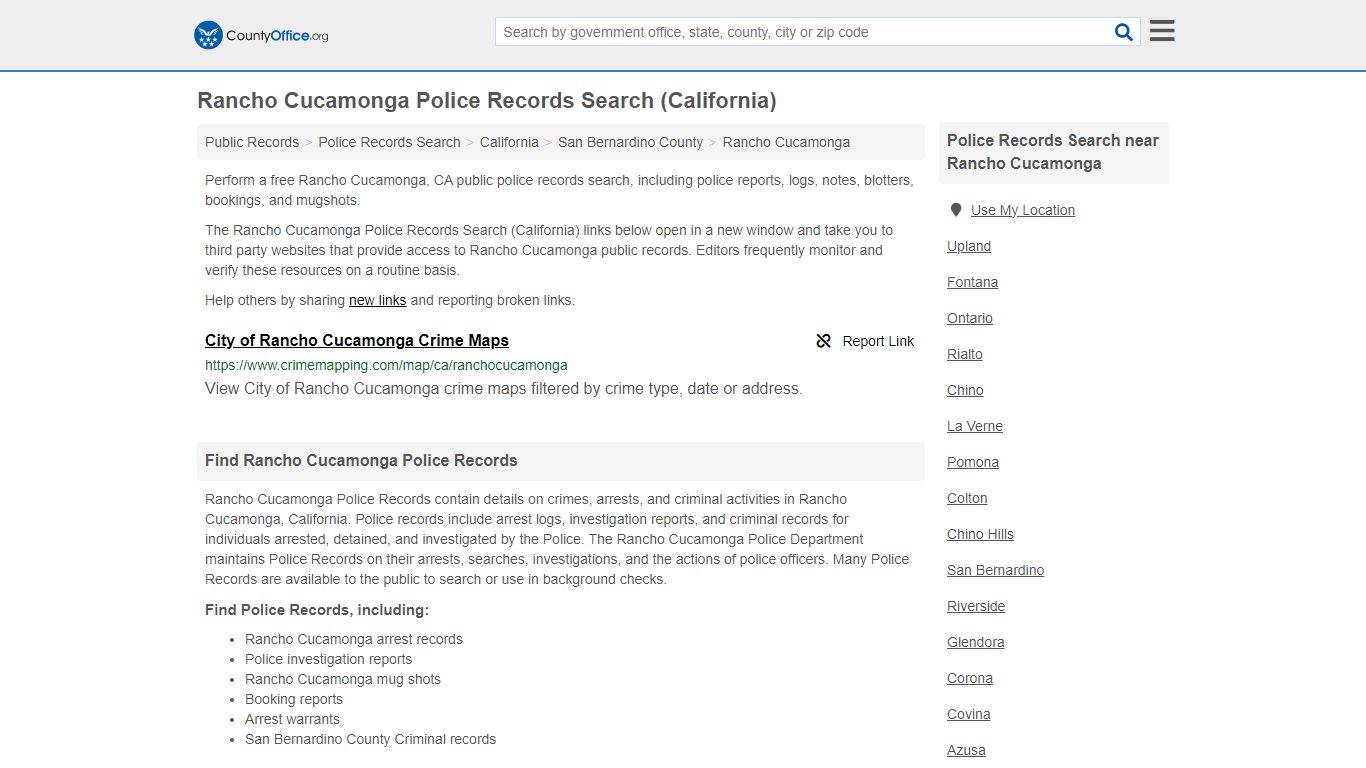 Rancho Cucamonga Police Records Search (California) - County Office